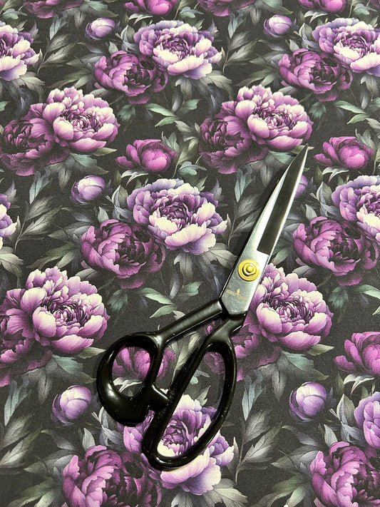 Coton spandex - Pivoines de minuit (coupon de 75 cm)